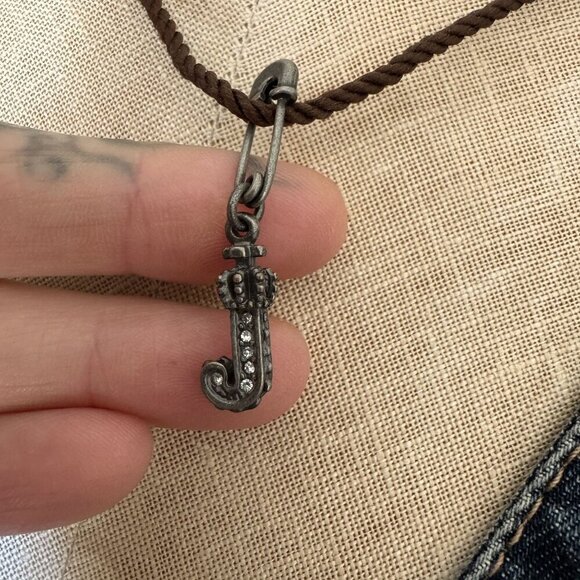 Y2k Juicy Couture J Safety Pin Silver Rhinestone Pendant Brown Cord Necklace - Picture 2 of 5